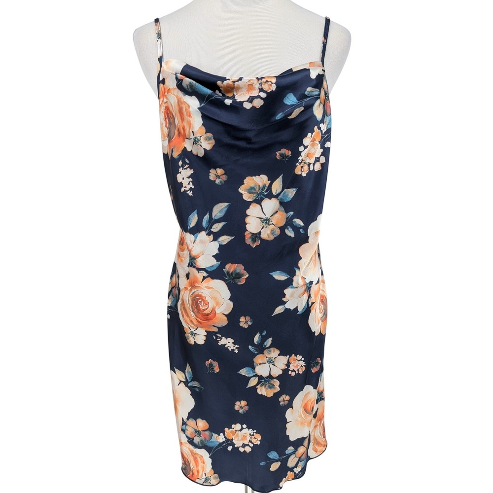 Y2K Bebe Floral Satin Slip Dress M Navy Blue Cowl Neck 90s Party Cocktail Event